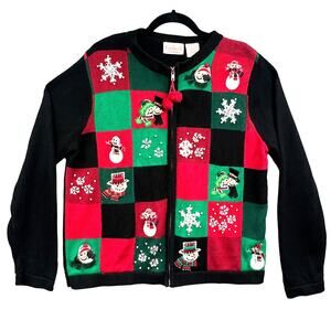 VTG Christmas Cardigan Sweater Lg Check Busy Snowman Beaded Ugly Granny Holiday